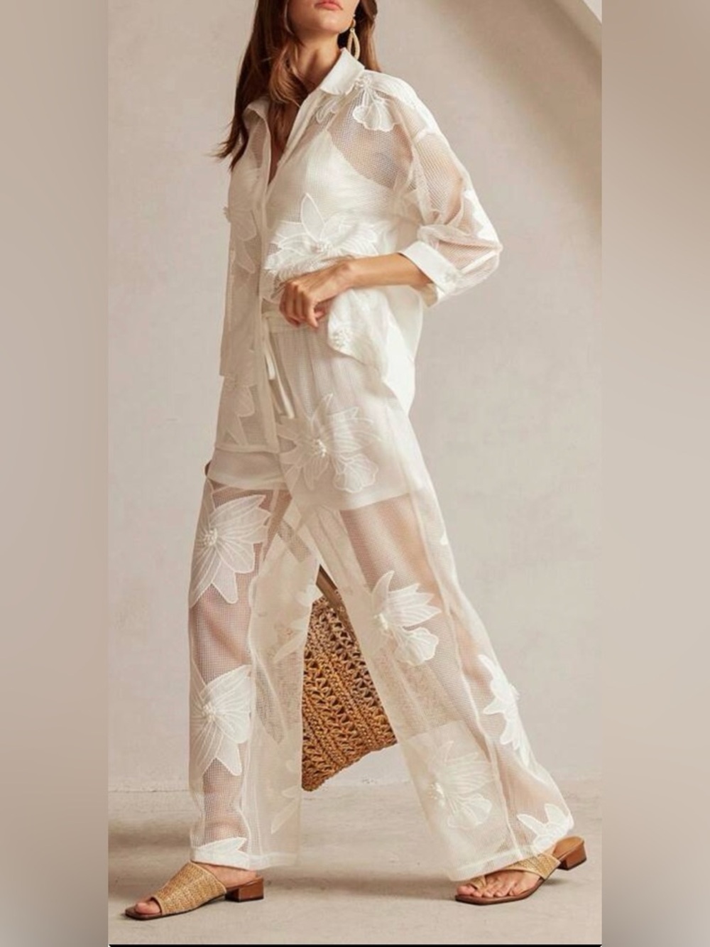 Sheer Floral Embroidered Wide-Leg Pants - White